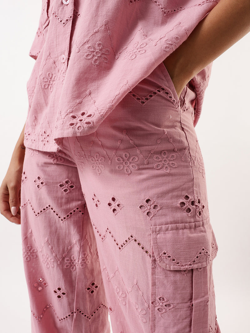 DL Woman Pink Schiffli Half Sleeves Shirt with Trousers Co-ords