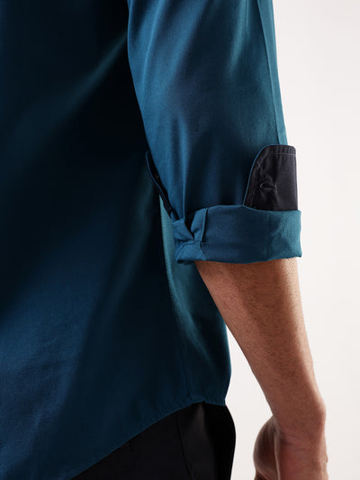 Men Teal Solid Spread Collar Full Sleeves Regular Fit Casual Shirt