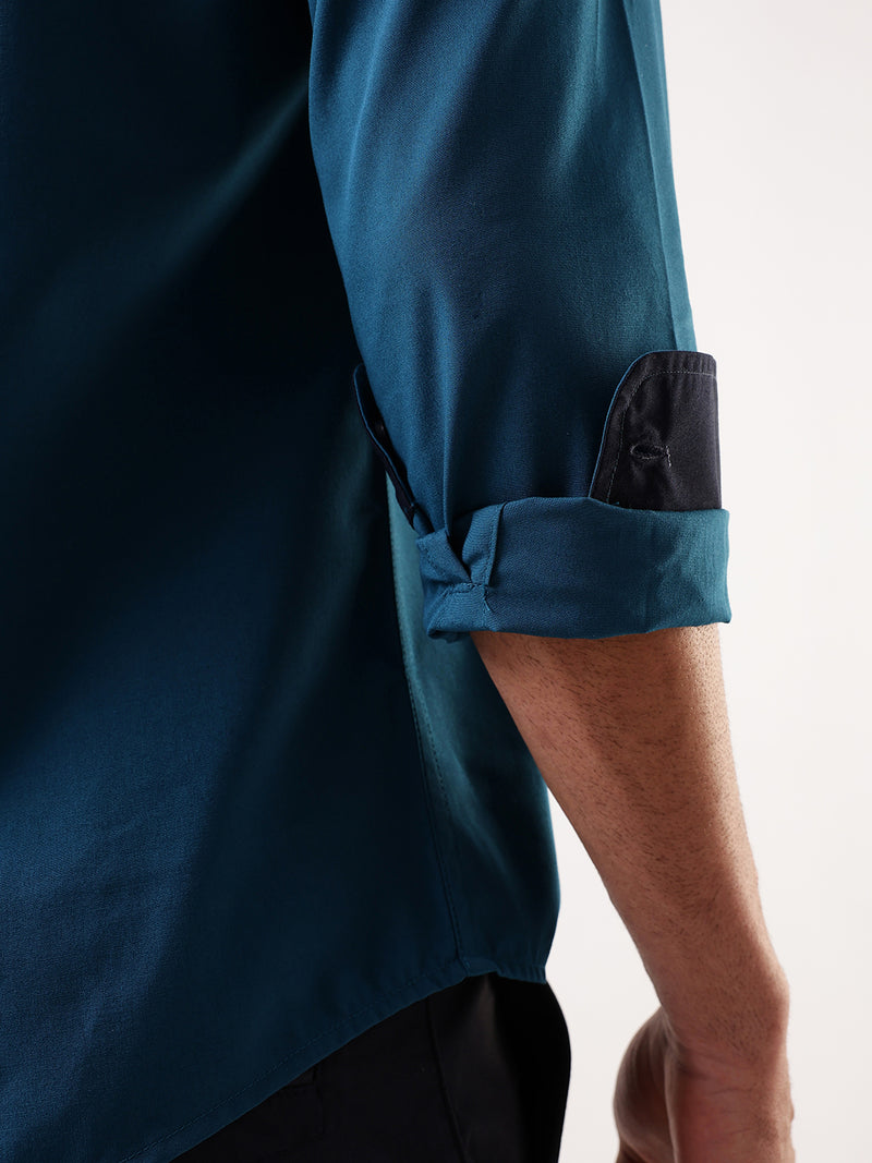 Men Teal Solid Spread Collar Full Sleeves Regular Fit Casual Shirt
