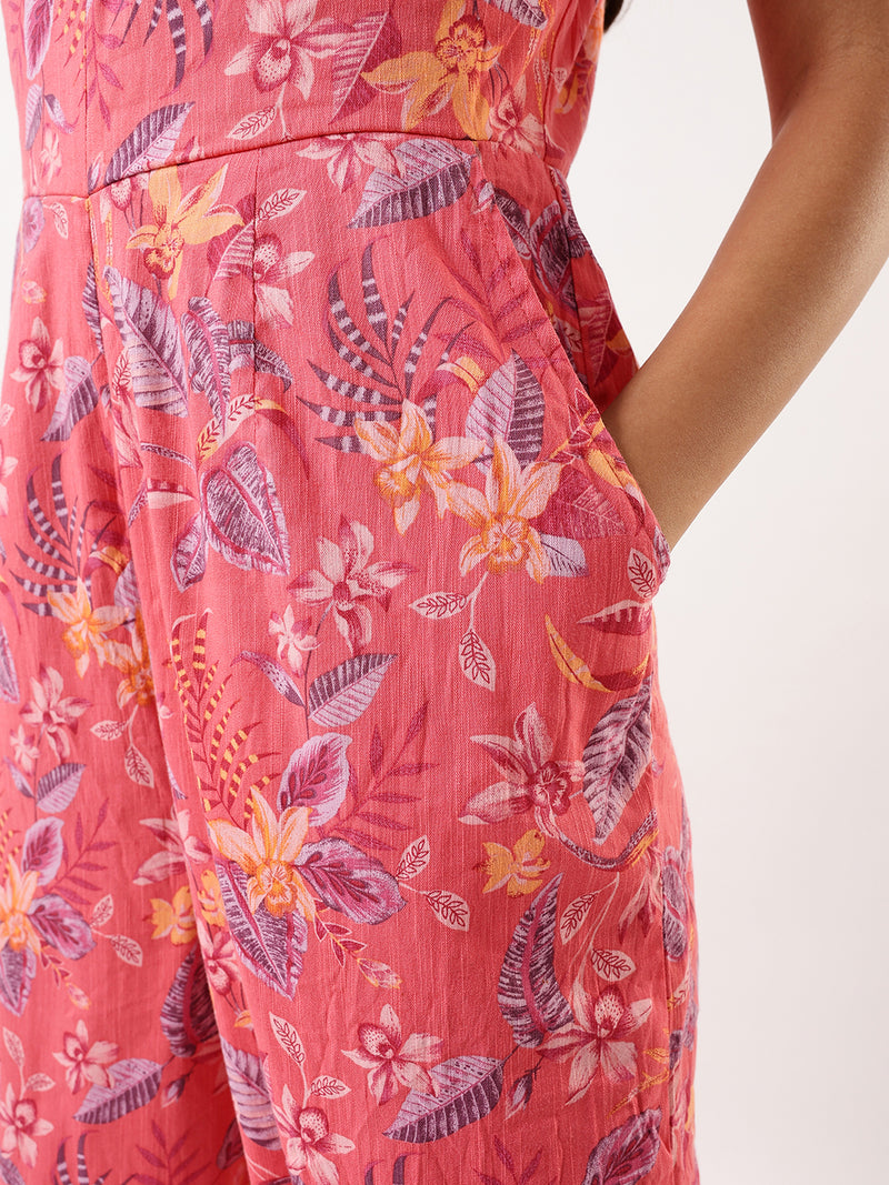 DL Woman Coral Halter Neck Floral Printed Jumpsuit