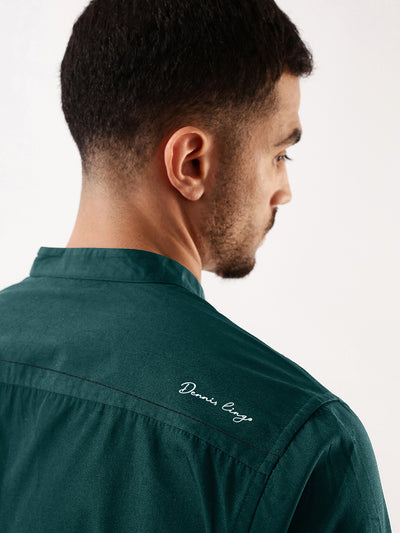 Men Bottle green Solid Mandarin Collar Full Sleeves Regular Fit Casual Shirt