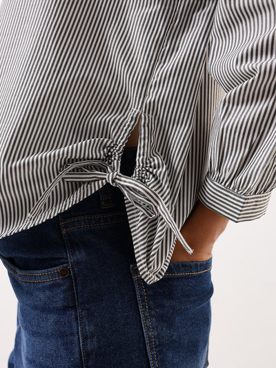 DL Woman Black Striped Spread Collar Full Sleeves Relaxed Fit Tie-Up Shirt