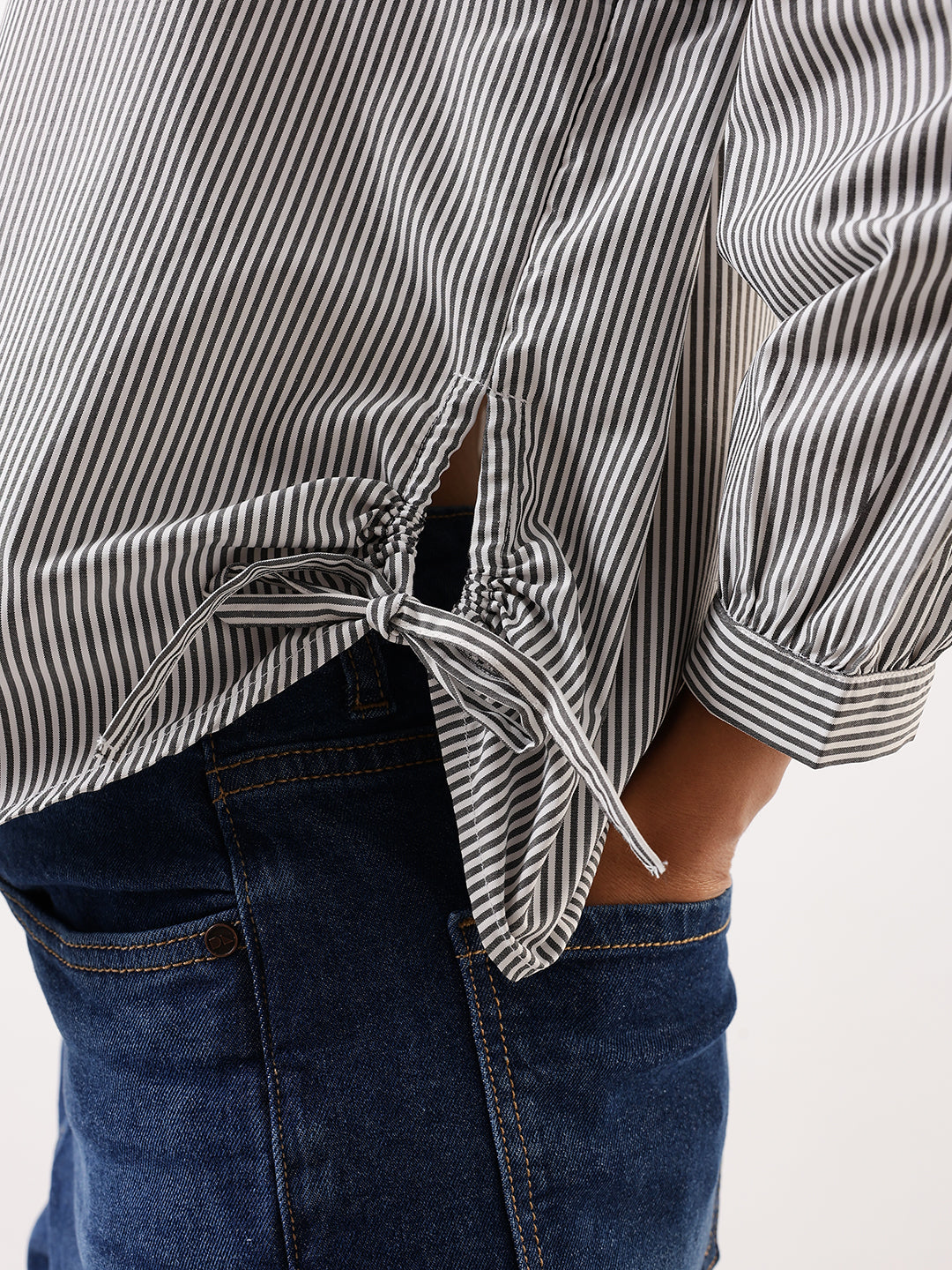 DL Woman Black Striped Spread Collar Full Sleeves Relaxed Fit Tie-Up Shirt