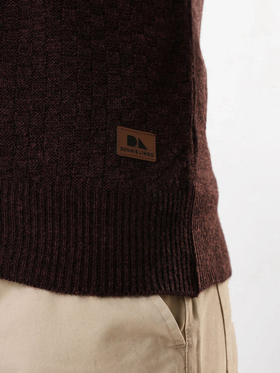 Men's Brown Solid Self Design Mock Collar Front-Open Sweater
