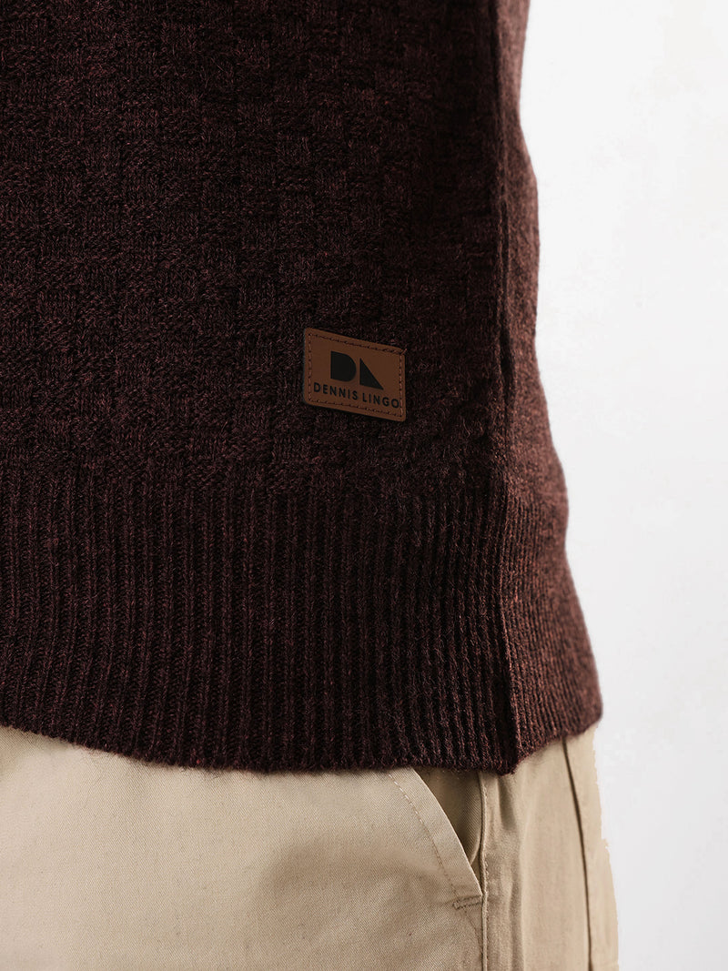 Men's Brown Solid Self Design Mock Collar Front-Open Sweater