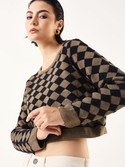 DL Woman Diamond Checks Round Neck Full Sleeves Sweater