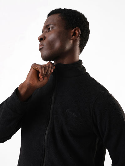 Men's Black Solid Mock Collar Full Sleeves Open Front Jacket