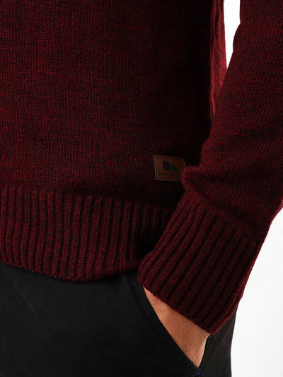 Men's Maroon Colourblocked Mock Collar Front-Open Sweater