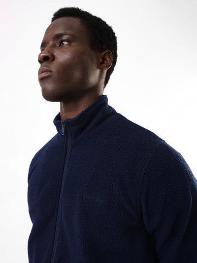 Men's Navy Solid Mock Collar Full Sleeves Open Front Jacket