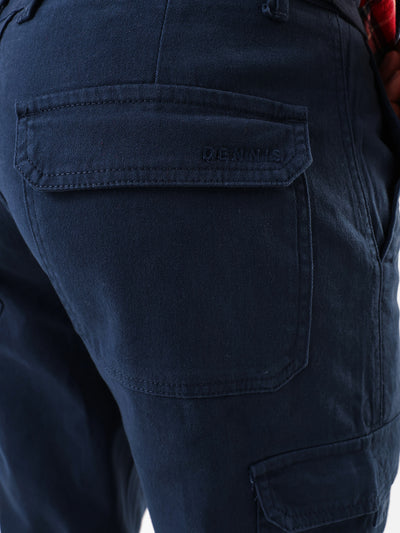 Men's Dark Blue Solid Cotton Relaxed Fit Mid-Rise Cargo Trousers