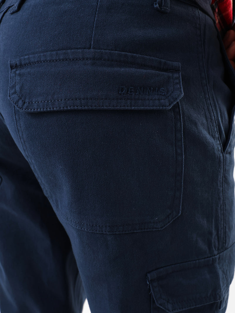 Men's Dark Blue Solid Cotton Relaxed Fit Mid-Rise Cargo Trousers