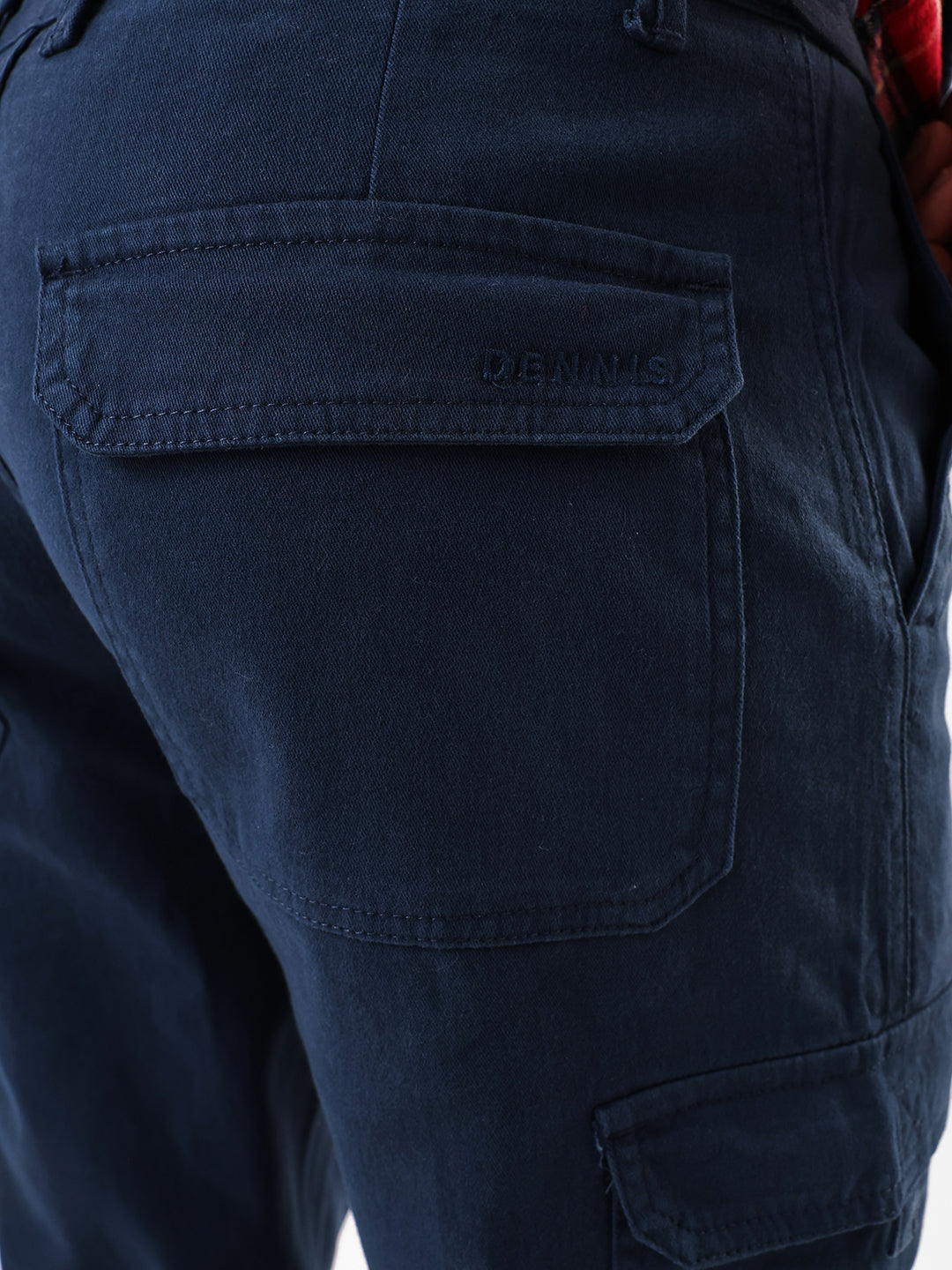 Men's Dark Blue Solid Cotton Relaxed Fit Mid-Rise Cargo Trousers