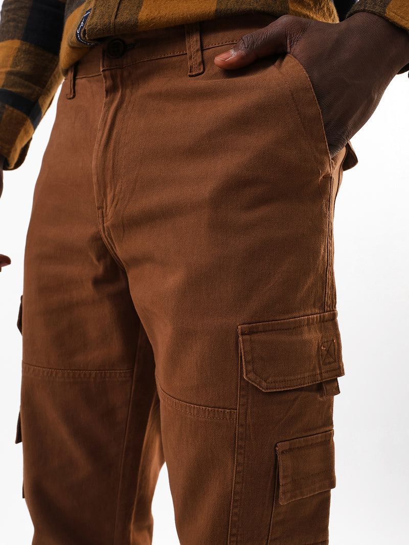 Men's Brown Solid Cotton Relaxed Fit Mid-Rise Cargo Trousers