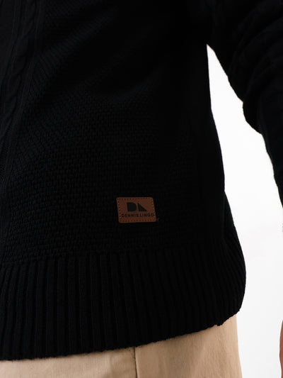 Men's Black & Brown Colourblocked Cable Knit Round Neck Pullover Sweater