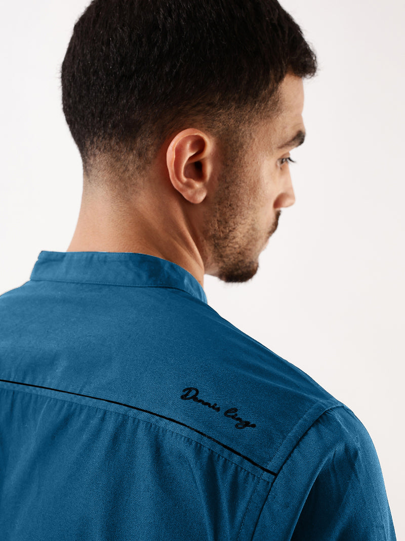 Men Teal Solid Mandarin Collar Full Sleeves Regular Fit Casual Shirt