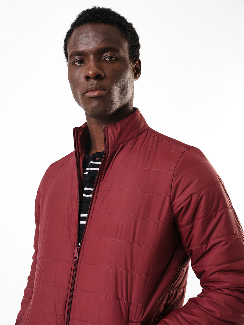 Men's Maroon Solid Mock Collar Full Sleeves Puffer Jacket