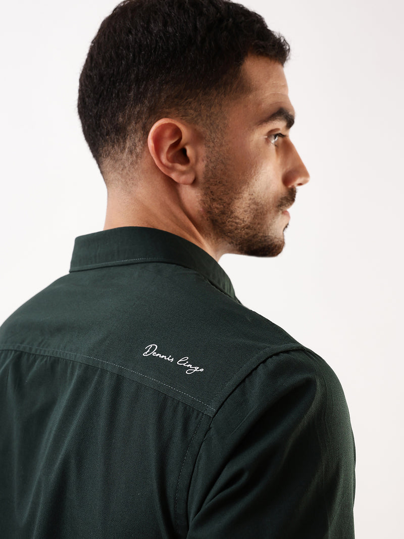 Men Bottle Green Solid Spread Collar Full Sleeves Regular Fit Casual Shirt