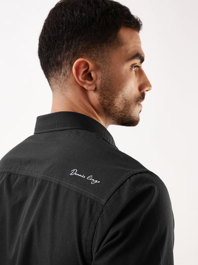 Men Black Solid Spread Collar Full Sleeves Regular Fit Casual Shirt
