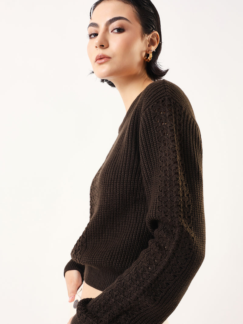 DL Woman Solid Round Neck Full Sleeves Crochet Sweater