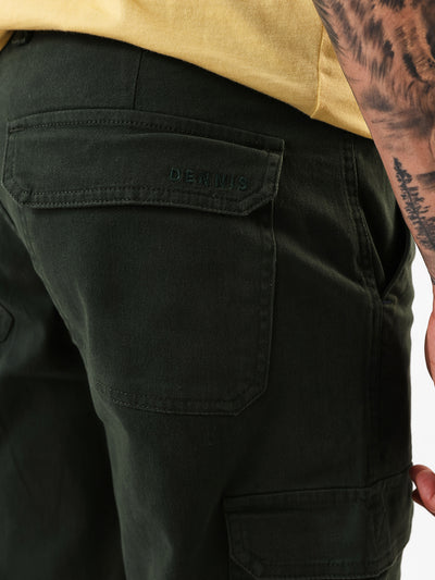 Men's Olive Solid Cotton Relaxed Fit Mid-Rise Cargo Trousers
