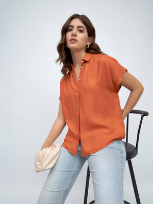 DL Woman Rust Extended Sleeves Relaxed Fit Boxy Casual Shirt