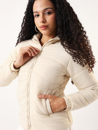 DL Woman Off White Hooded Full Sleeves Puffer Jacket