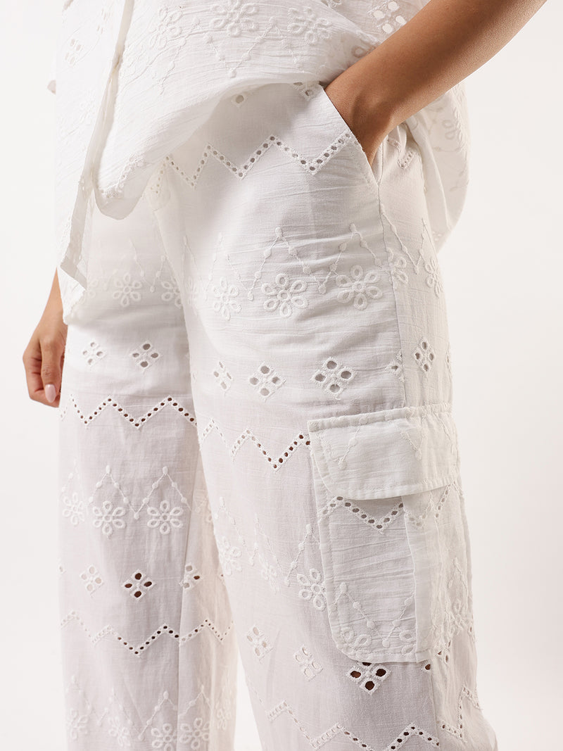 DL Woman White Schiffli Half Sleeves Shirt with Trousers Co-ords