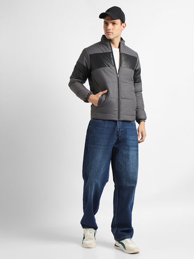 Dennis Lingo Men's Dark Grey Panelled High Neck Full Sleeve Puffer W/O hood Jackets