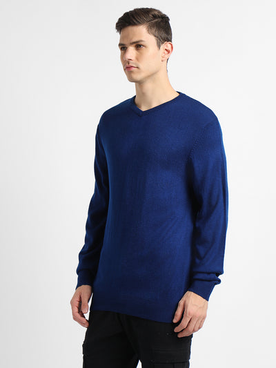 Dennis Lingo Men's Mid Blue Tipping  Full Sleeves Pullover Sweater