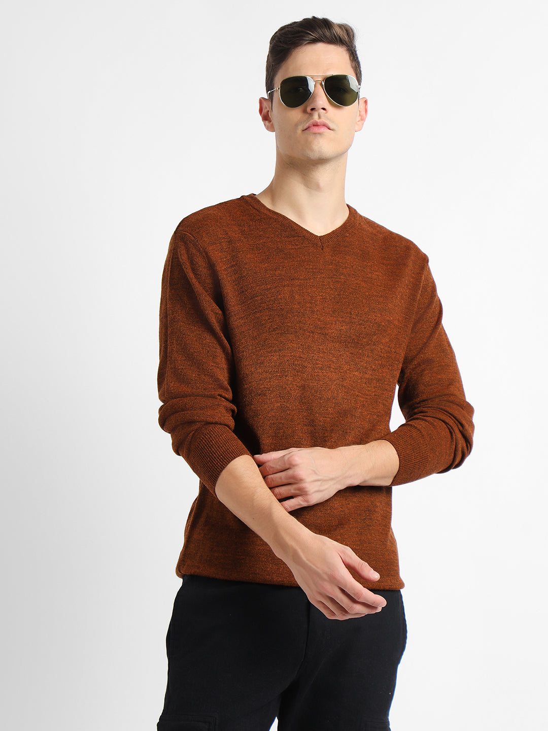 Dennis Lingo Men's Rust Tipping  Full Sleeves Pullover Sweater