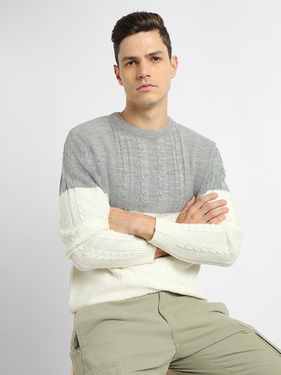 Dennis Lingo Men's off white Colorblock  Full Sleeves Pullover Sweater