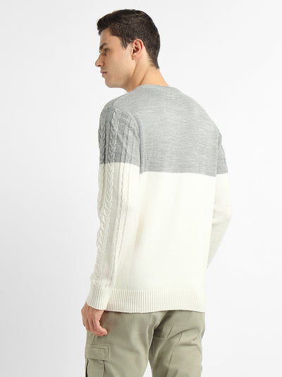 Men's Off-White ColorBlock Round Neck Pullover Sweater