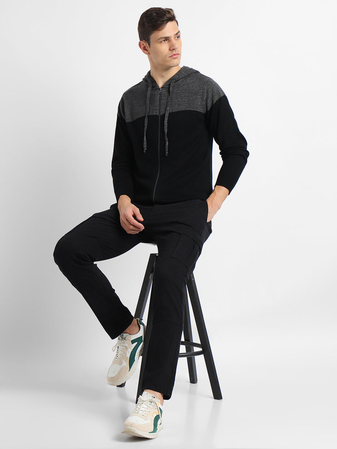 Dennis Lingo Men's Anthra Mel Solid Hoodie Full Sleeves Full Zip Sweater