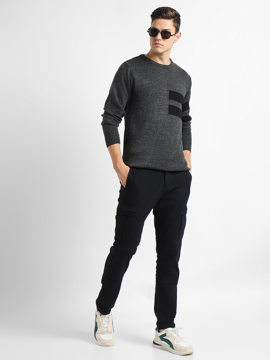 Dennis Lingo Men's Anthra Mel Colourblock  Full Sleeves Pullover Sweater