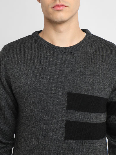 Men's Grey Striped Round neck pullover sweater