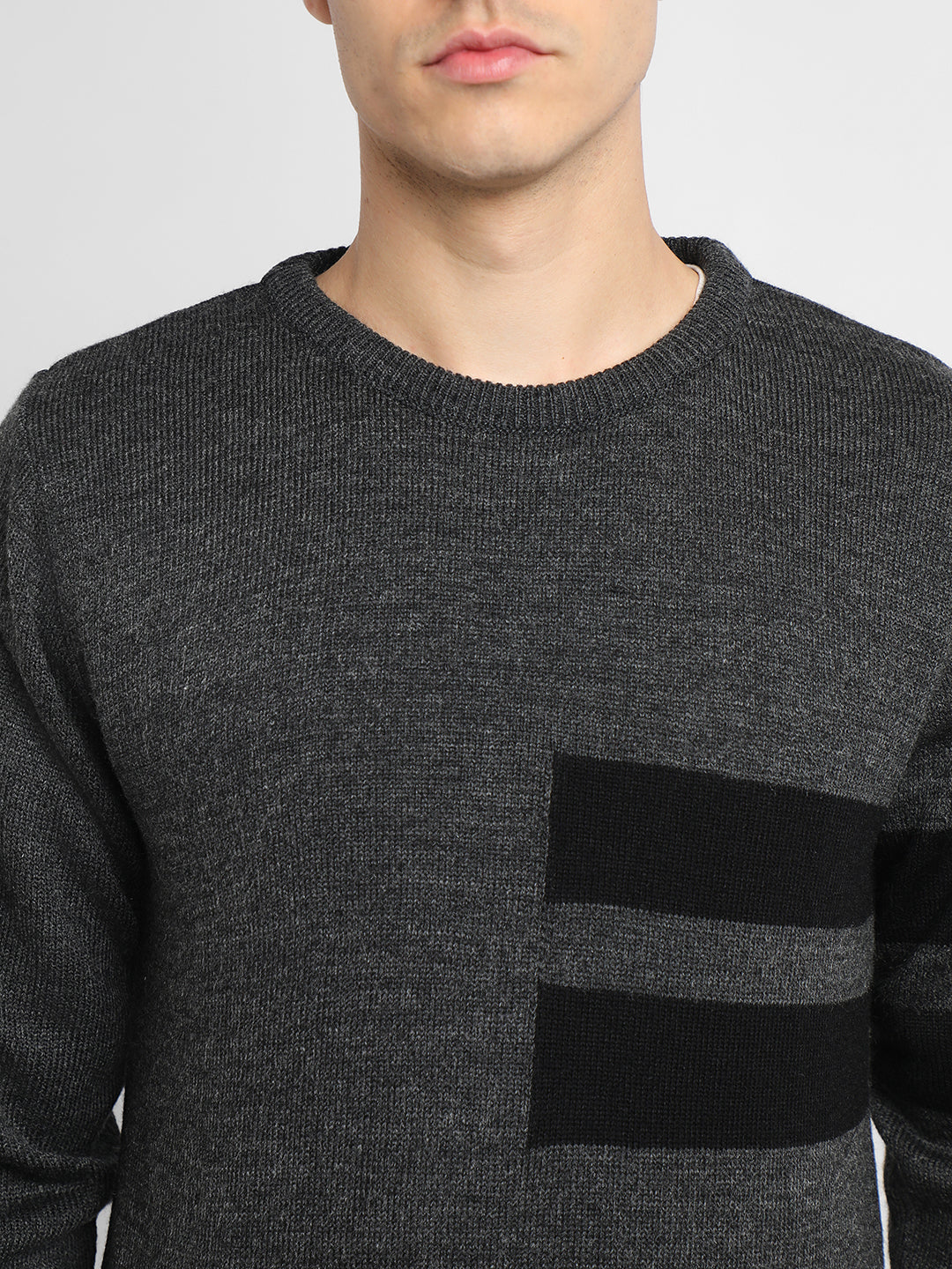 Men's Grey Striped Round neck pullover sweater