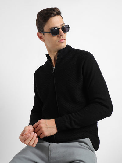Dennis Lingo Men's Black Solid Mock Full Sleeves Full Zip Sweater