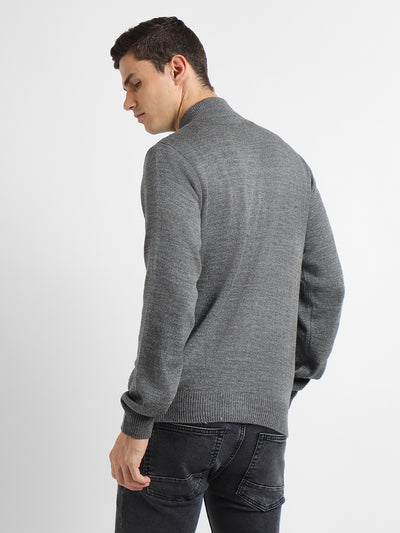 Dennis Lingo Men's Mid grey Mel Solid Mock Full Sleeves Full Zip Sweater
