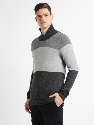 Men's Colourblocked Shawl Collar Long Sleeves Acrylic Pullover Sweater