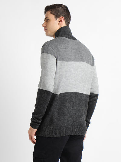 Men's Colourblocked Shawl Collar Long Sleeves Acrylic Pullover Sweater