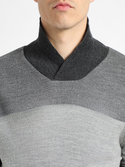 Men's Colourblocked Shawl Collar Long Sleeves Acrylic Pullover Sweater