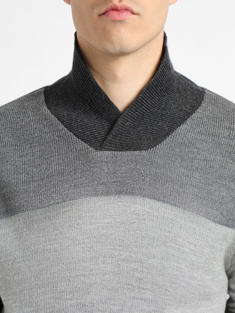 Men's Colourblocked Shawl Collar Long Sleeves Acrylic Pullover Sweater