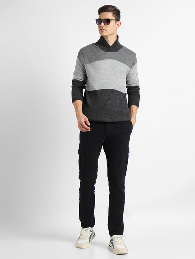 Men's Colourblocked Shawl Collar Long Sleeves Acrylic Pullover Sweater