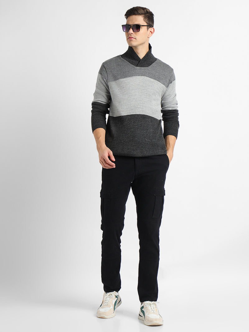 Men's Colourblocked Shawl Collar Long Sleeves Acrylic Pullover Sweater