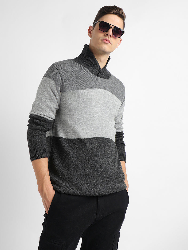 Men's Colourblocked Shawl Collar Long Sleeves Acrylic Pullover Sweater