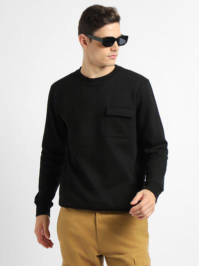 Dennis Lingo Men's Mock Neck Regular Fit Solid Patch Pocket Black Sweatshirt