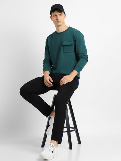 Men's Mock Neck Regular Fit Solid Patch Pocket Teal Sweatshirt