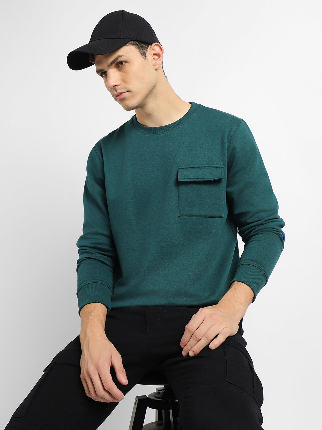 Dennis Lingo Men's Mock Neck Regular Fit Solid Patch Pocket Teal Sweatshirt