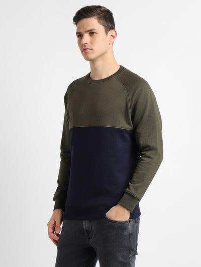 Dennis Lingo Men's Mock Neck Regular Fit Colourblock Olive Sweatshirt