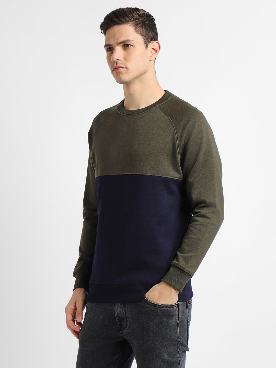 Men's Mock Neck Regular Fit Colourblock Olive Sweatshirt